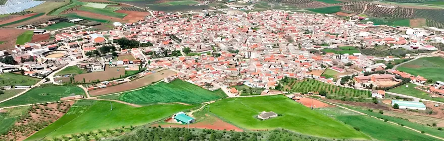 Vista aérea del pueblo rodeado de campos y olivares