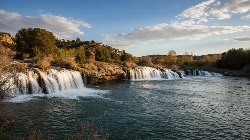 Cascadas del río Guadiana a su paso por Luciana (Ciudad Real), paraje natural rodeado de vegetación.