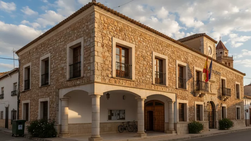Ayuntamiento de Mahora con fachada de piedra, soportales y banderas oficiales en el centro del municipio.