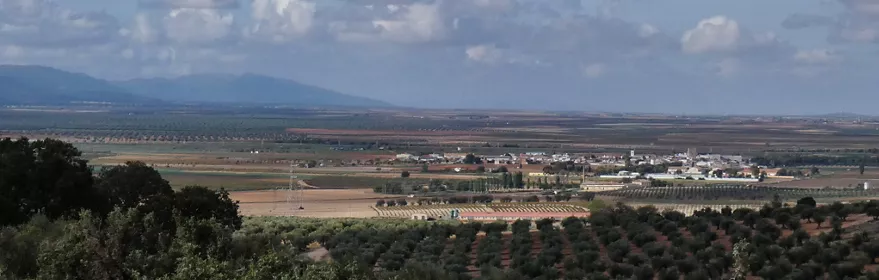 Panorámica de llanura agrícola con nubes y monte al fondo
