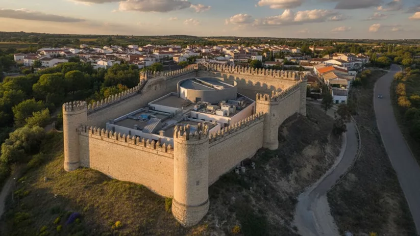Vista aérea de fortaleza amurallada y casco urbano