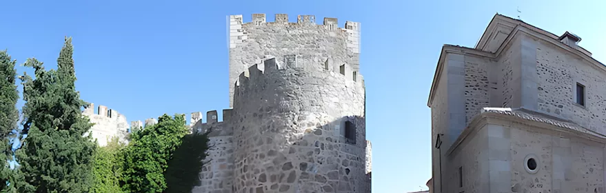 Murallas y torre de castillo junto a edificio histórico