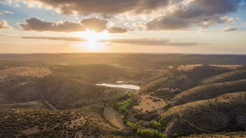 Paisaje de Masegoso al atardecer con colinas onduladas, vegetación mediterránea y una laguna natural en el valle.