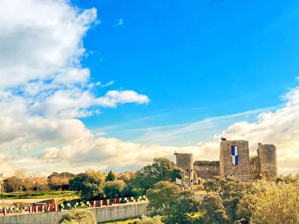 Ruinas de castillo entre árboles bajo cielo azul