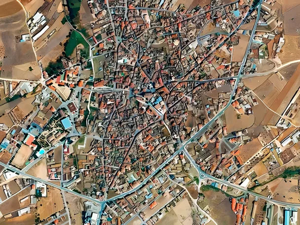 Vista aérea del casco urbano y campos de cultivo