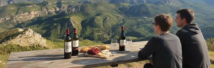 Mesa con botellas, pan y uvas frente a un gran valle montañoso.