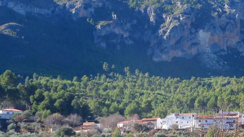 Vista panorámica de un caserío en un valle boscoso, bajo una montaña escarpada.
