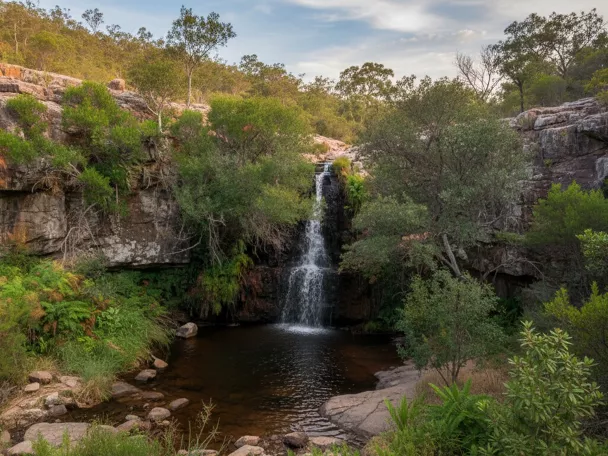 Cascada en un desfiladero rocoso, rodeada de matorral y bosque bajo.