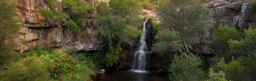 Cascada en un desfiladero rocoso, rodeada de matorral y bosque bajo.