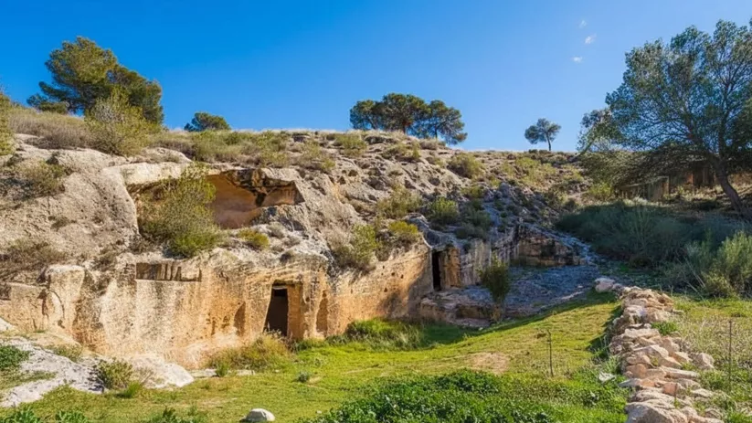 Refugios excavados en roca en una ladera, con pradera verde y cielo despejado.