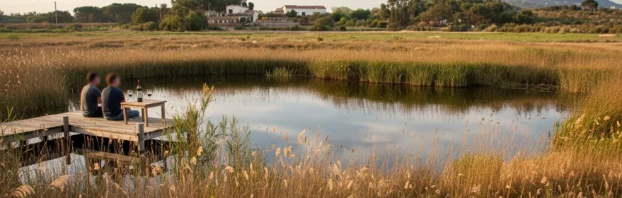 Dos personas sentadas en un muelle de madera junto a una laguna rodeada de juncos.