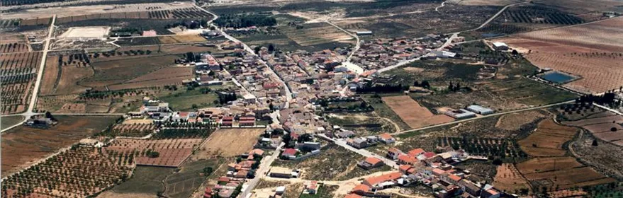 Vista aérea de un núcleo urbano rodeado de campos de cultivo y caminos rurales.
