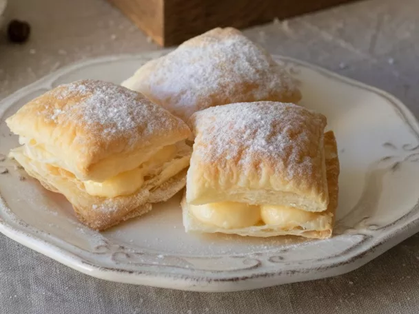 Tres pasteles de hojaldre rellenos de crema en un plato blanco, con azúcar glas.