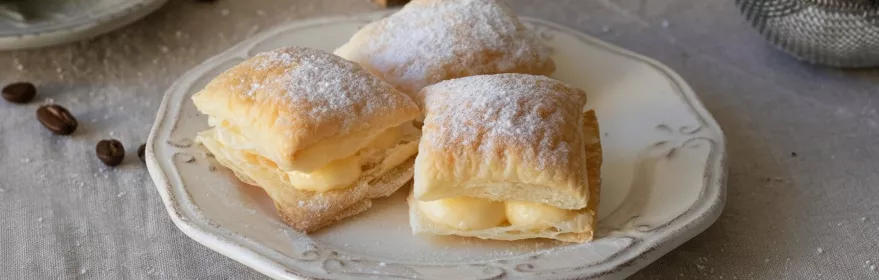 Tres pasteles de hojaldre rellenos de crema en un plato blanco, con azúcar glas.