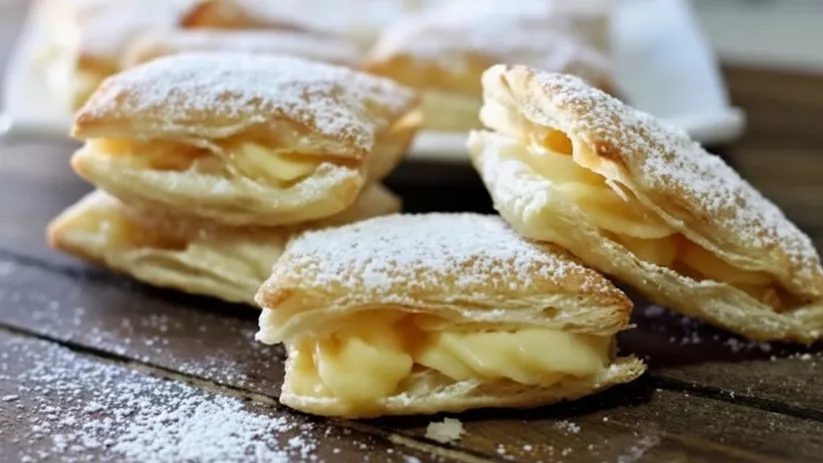 Primer plano de varios pasteles de hojaldre rellenos de crema, con azúcar glas.