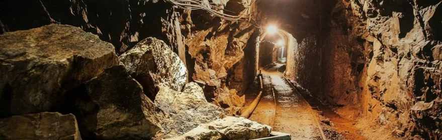 Galería minera con vías y roca iluminada.