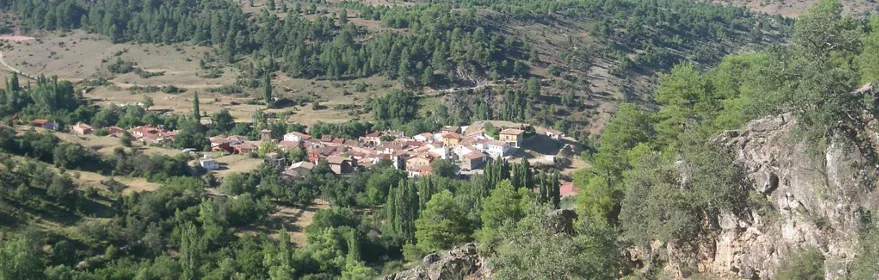 Vista panorámica de un pueblo entre montes y pinares.