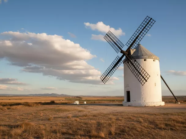 Molino sobre llanura abierta con campos secos y horizonte lejano.
