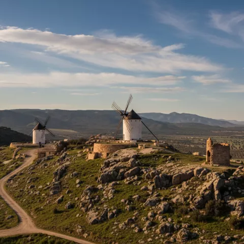 Vista panorámica de dos molinos de viento en una cresta, con camino y montañas al fondo.
