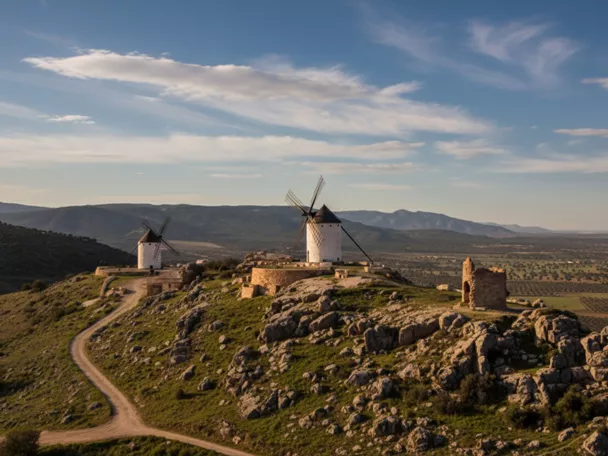 Vista panorámica de dos molinos de viento en una cresta, con camino y montañas al fondo.