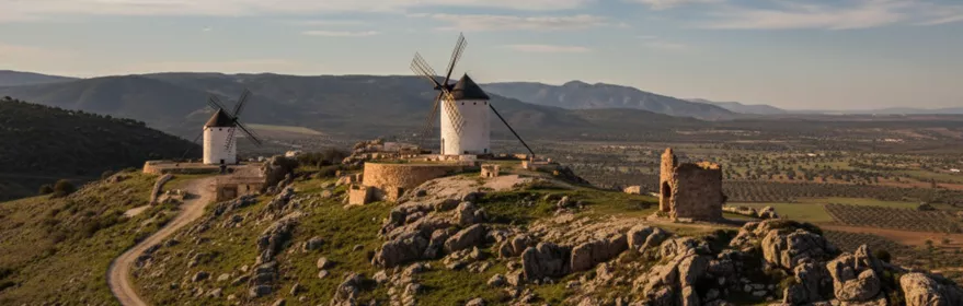 Vista panorámica de dos molinos de viento en una cresta, con camino y montañas al fondo.