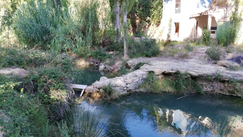 Manantial natural con agua clara junto a una pequeña construcción tradicional.