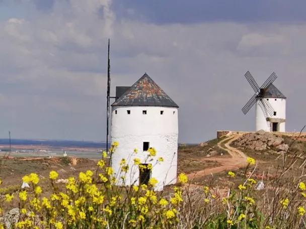 Molinos de viento blancos sobre una colina con campos al fondo.