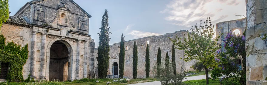 Portada monumental de piedra junto a camino rural.