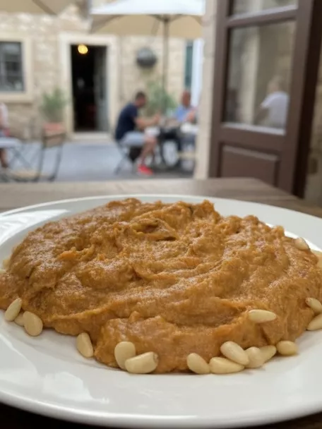 Morteruelo manchego cremoso con piñones en plato blanco