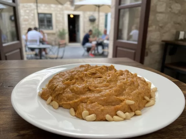 Morteruelo manchego cremoso con piñones en plato blanco