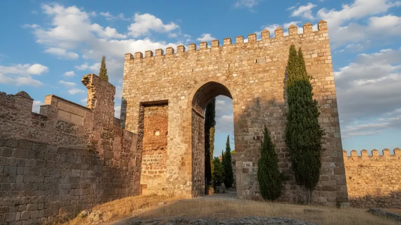 Puerta monumental de muralla con arco central, flanqueada por cipreses bajo cielo azul.