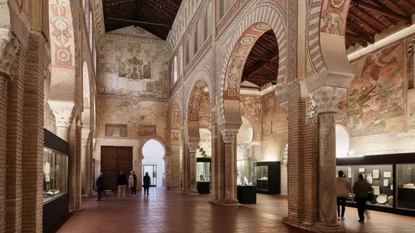 Nave histórica con arcos decorados y vitrinas de museo bajo techo de madera.