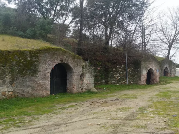 Entradas arqueadas de cuevas excavadas en talud junto a un camino.
