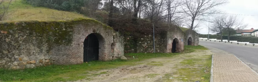 Entradas arqueadas de cuevas excavadas en talud junto a un camino.