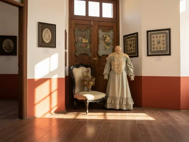Sala con vestido antiguo junto a sillón clásico
