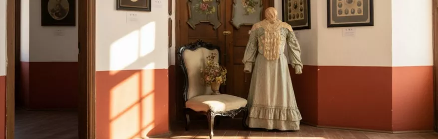 Sala con vestido antiguo junto a sillón clásico