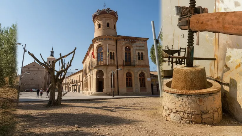 Edificio histórico junto a plaza con antiguo molino de piedra en primer plano.