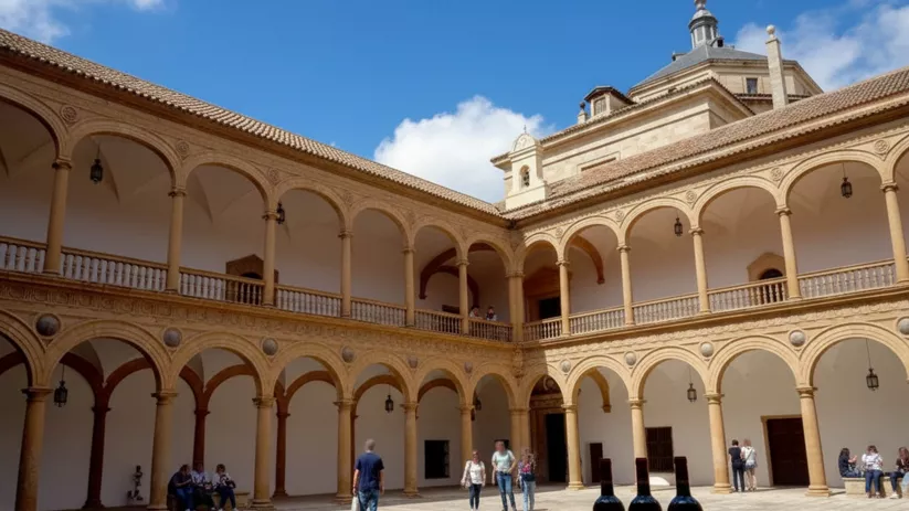 Patio interior con arcos de dos alturas y botellas de vino sobre un banco.