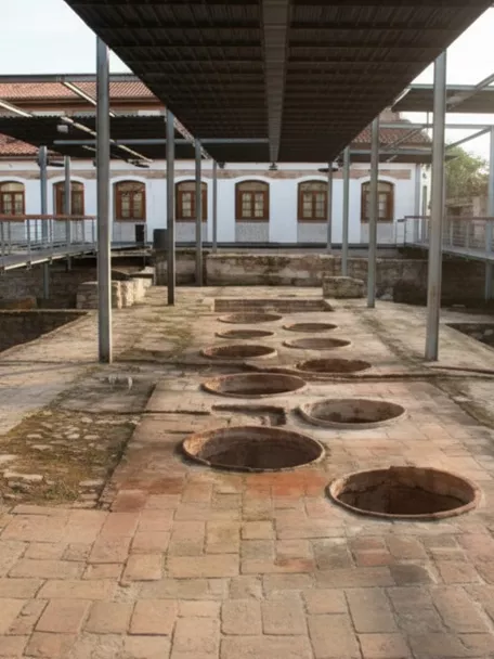 Patio industrial con pasarelas metálicas y varias piletas circulares en el suelo.