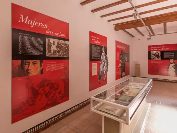 Paneles informativos en sala de museo con vitrina central