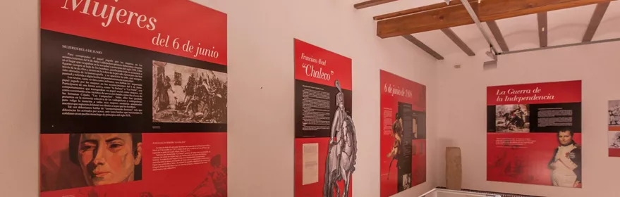 Paneles informativos en sala de museo con vitrina central