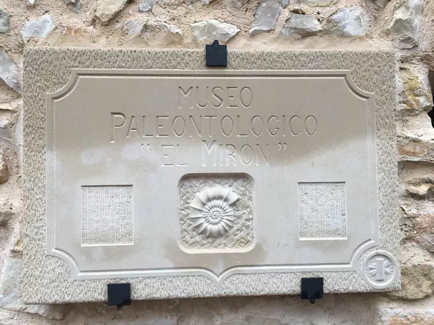 Placa de museo paleontológico en piedra.