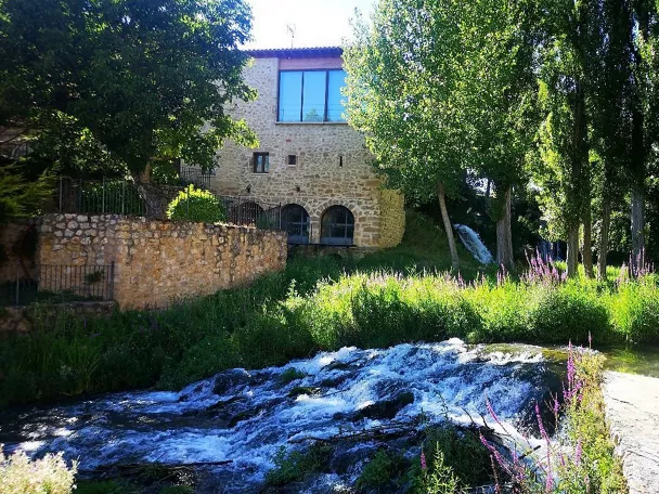Casa de piedra junto a río y vegetación.