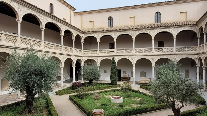 Claustro renacentista con jardín central y galerías de arcos.