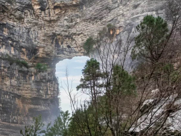 Pared de roca con gran abertura natural, rodeada de árboles y matorral.