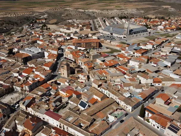 Vista aérea del casco urbano y campos alrededor