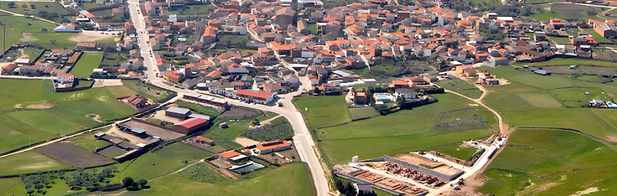 Vista aérea de pueblo rodeado de campos verdes y caminos
