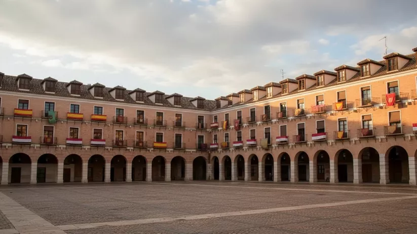 Plaza porticada con balcones decorados y suelo de piedra