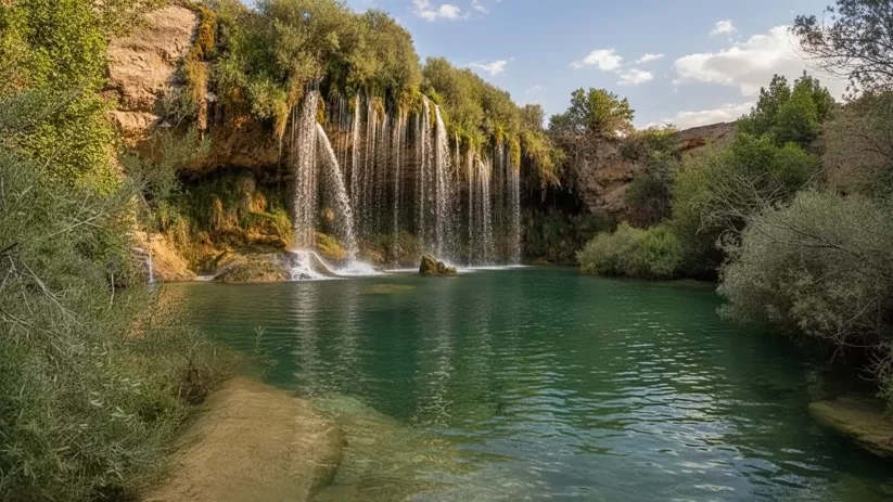 Cascada natural con cortina de agua y laguna verde.