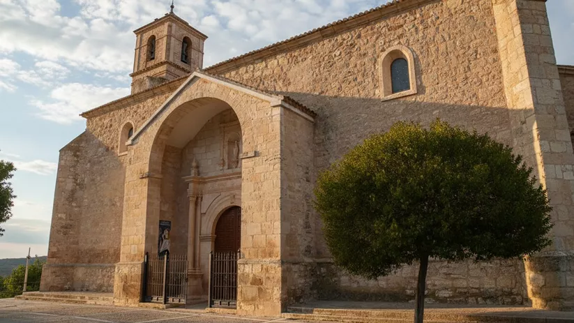 Iglesia de piedra con pórtico y torre campanario